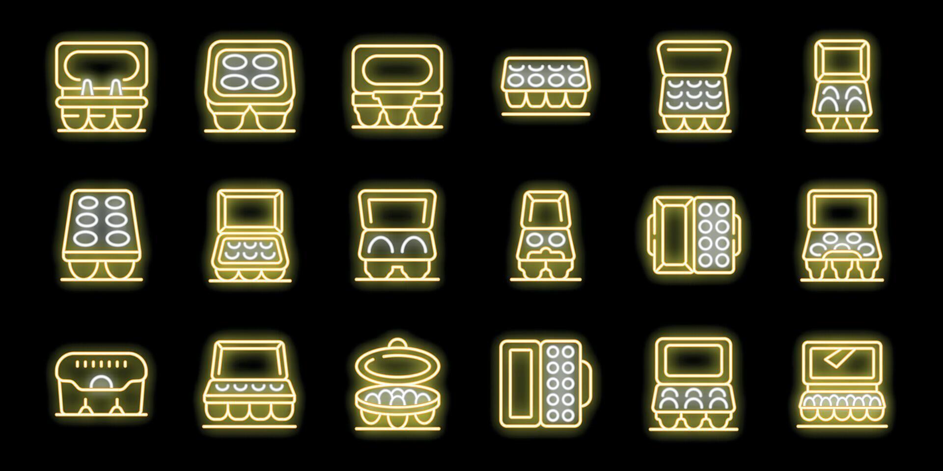 Egg carton icons set, packaging for chicken eggs, open and closed cardboard or plastic egg container, bright neon yellow and white lines on black background vector