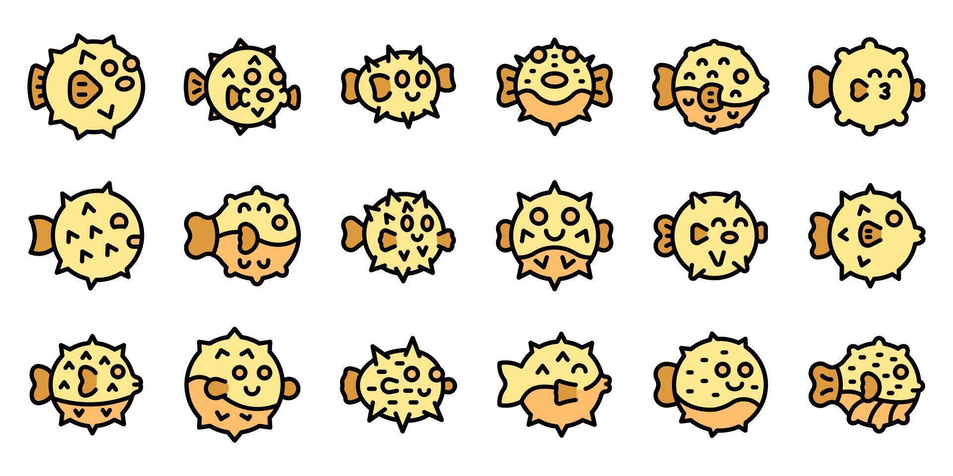 Set of pufferfish icons showing various expressions and poses vector