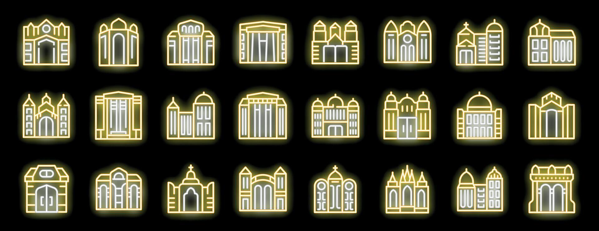 Embracing architectural diversity, neon icons of government buildings, religious structures, and cultural landmarks vector