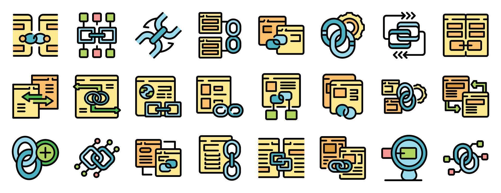 Cross linking website optimization and backlink building icons set vector