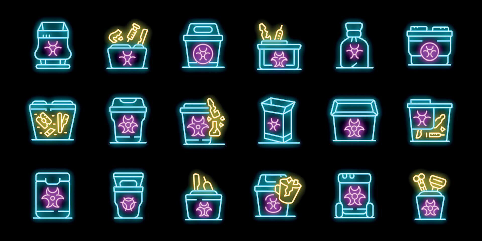 Neon medical waste icons representing proper disposal methods for hazardous materials vector