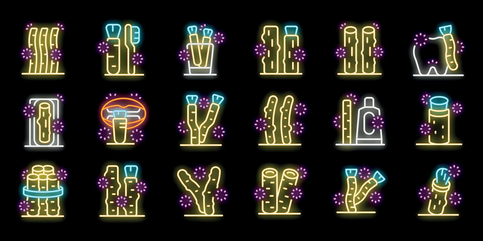 Miswak or siwak neon icon set showing natural teeth cleaning twigs and benefits for oral hygiene vector