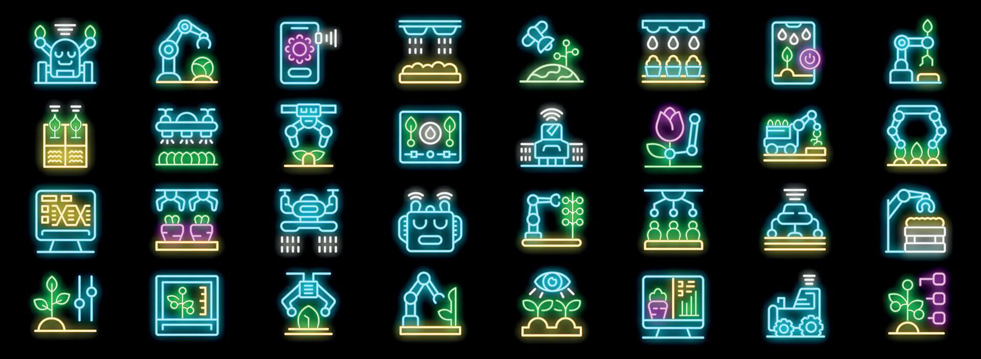 Smart agriculture and farming neon icons showing robotic automation and technological advancements vector