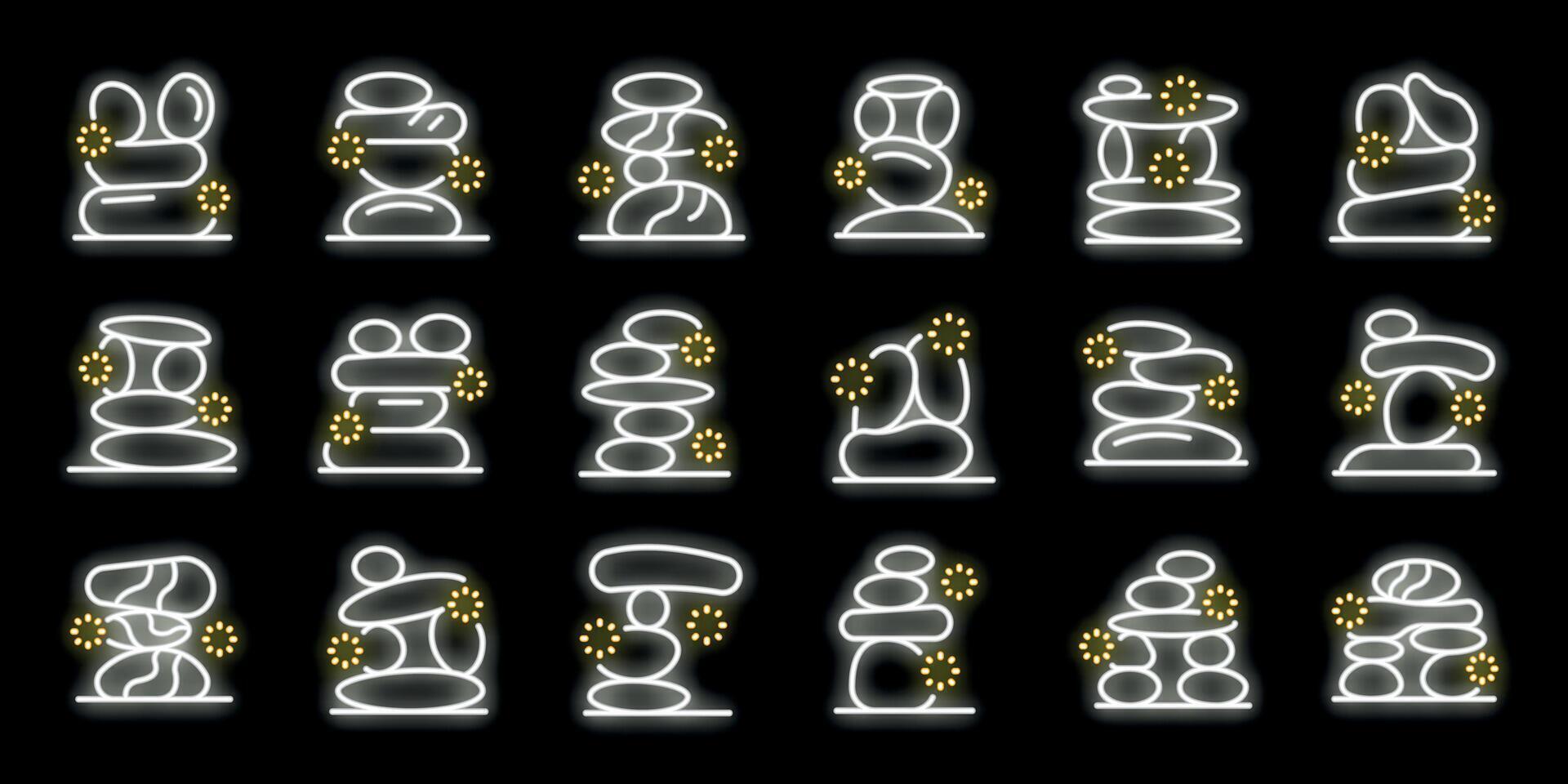 Glowing neon white balancing stones icons on black background representing harmony, balance, and wellness vector