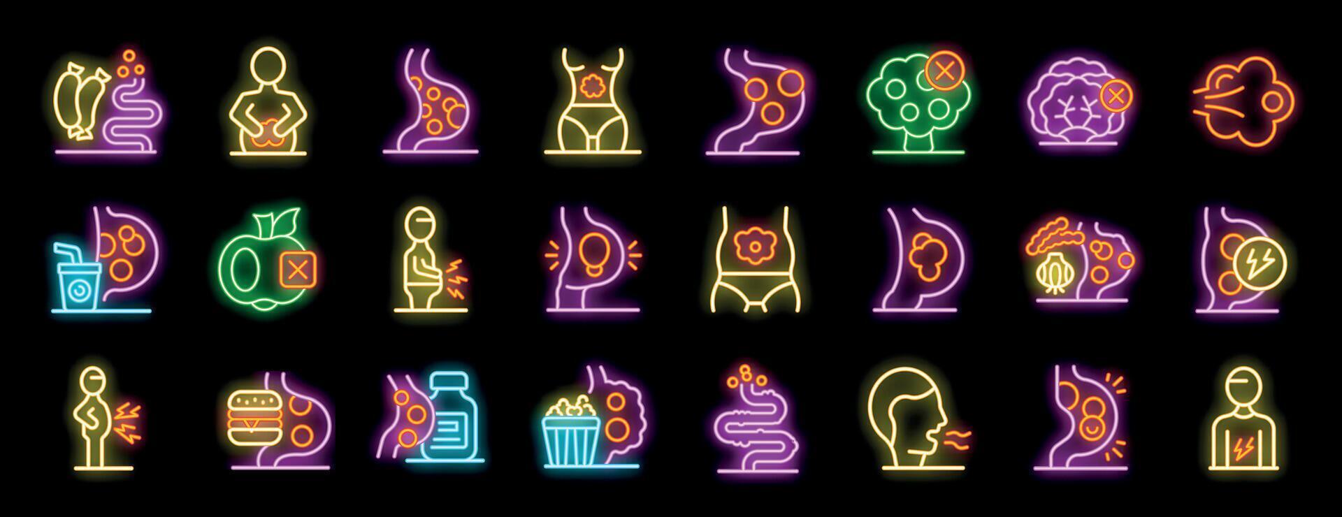 Bright neon icons representing various aspects of bloating, including causes, symptoms, and remedies vector