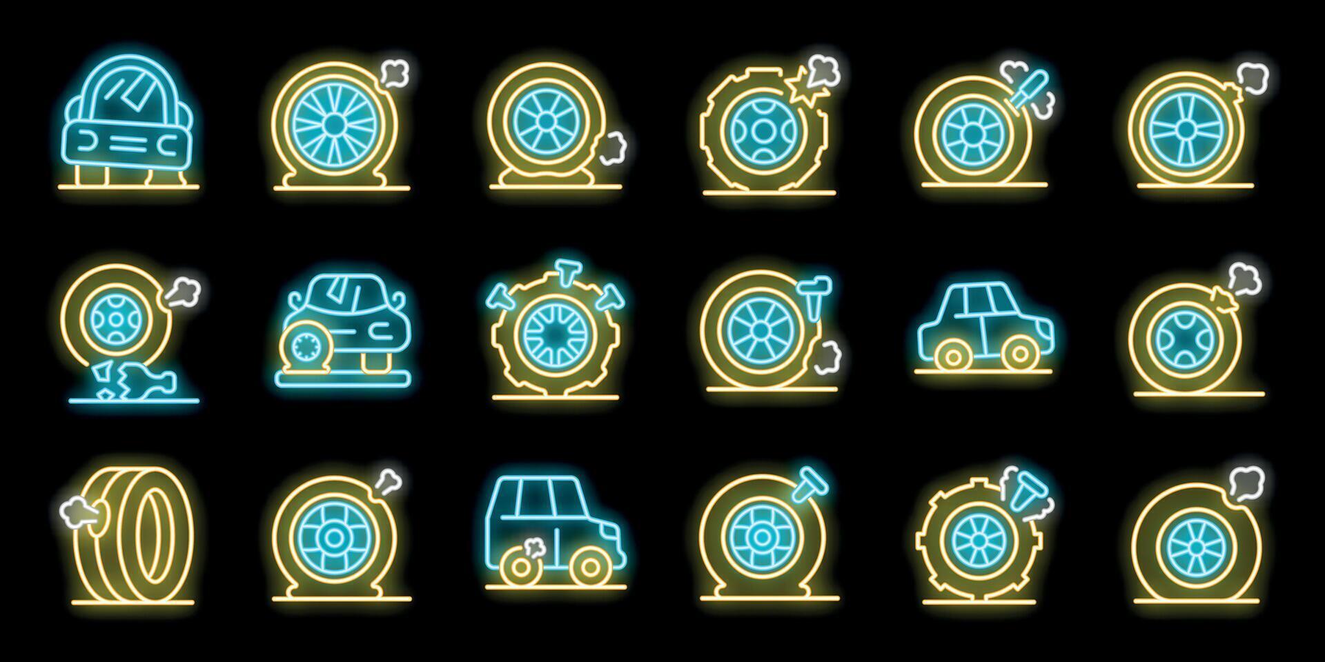 Neon flat tire icons showing cars and wheels with punctures, nails, and damage vector