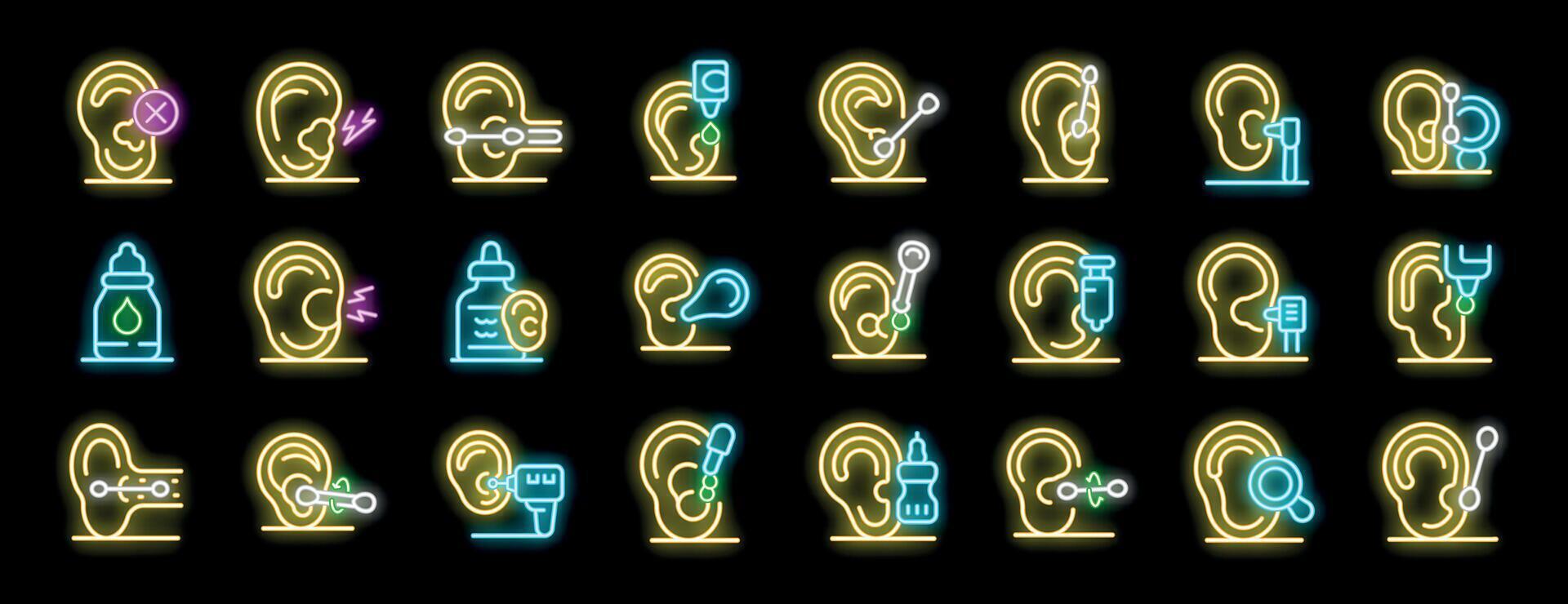 Ear treatment and piercing, neon icons representing various ear procedures vector