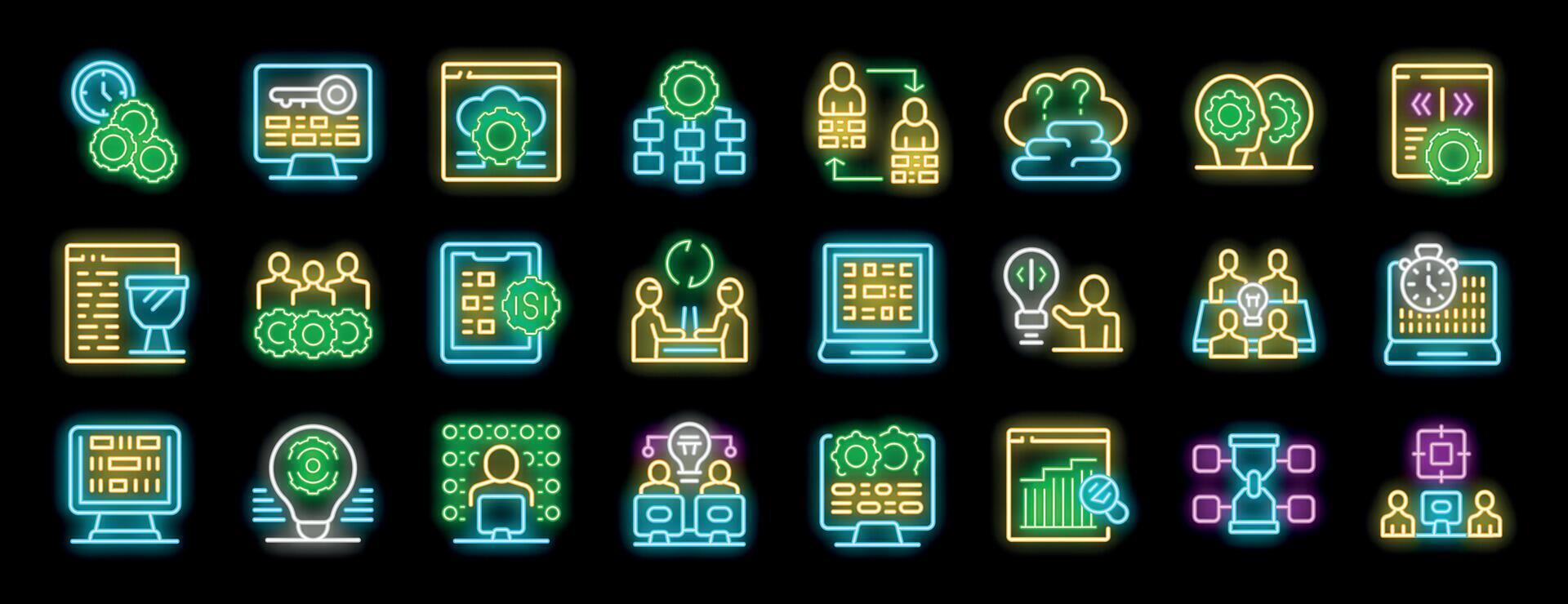 Software development process and teamwork in neon style icons vector