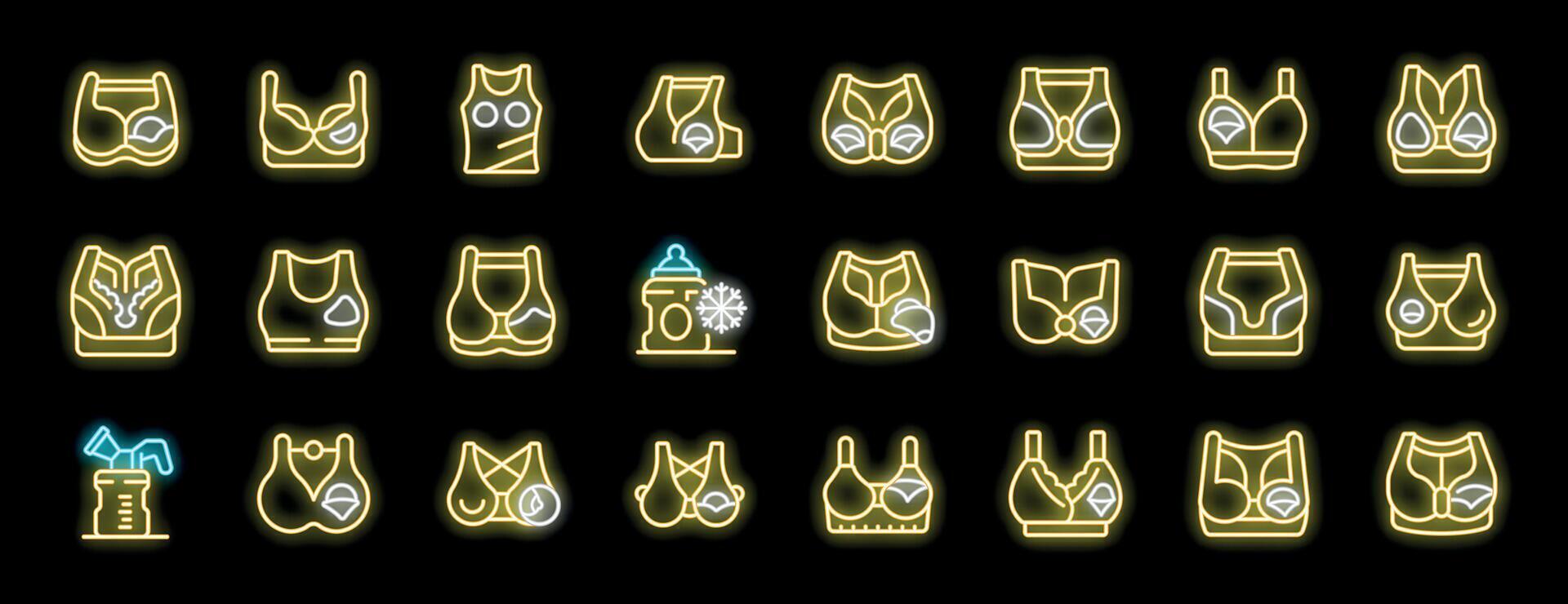 Neon bras and breastfeeding accessories icons set on black background vector