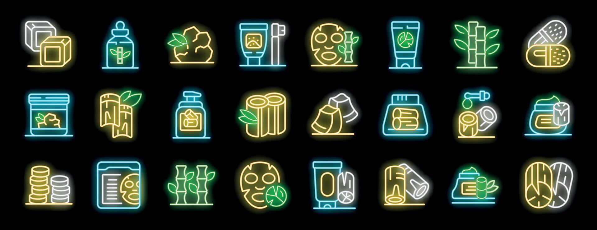 Bamboo plant extract products for natural cosmetics and healthcare, neon icon set vector