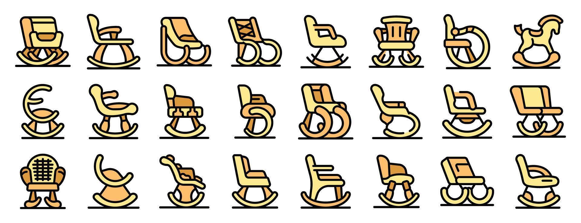 Rocking chairs icons set. Outline set of rocking chairs icons thin line color flat on white vector