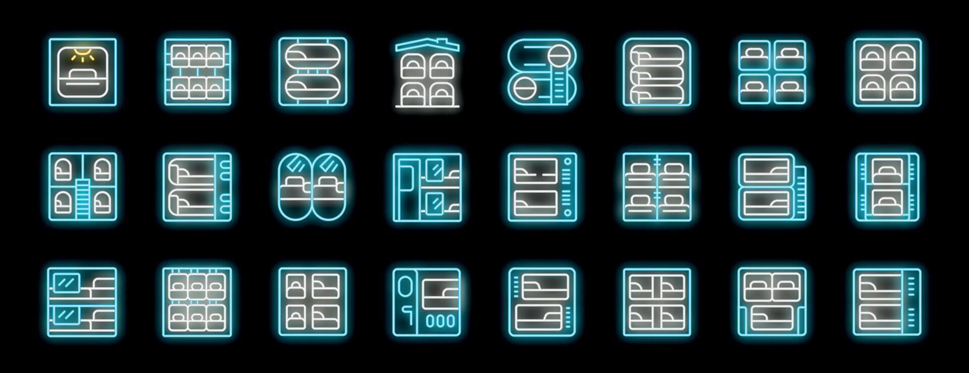 Capsule hotel room and hostel accommodation icons showing sleeping pods and tiny rooms vector