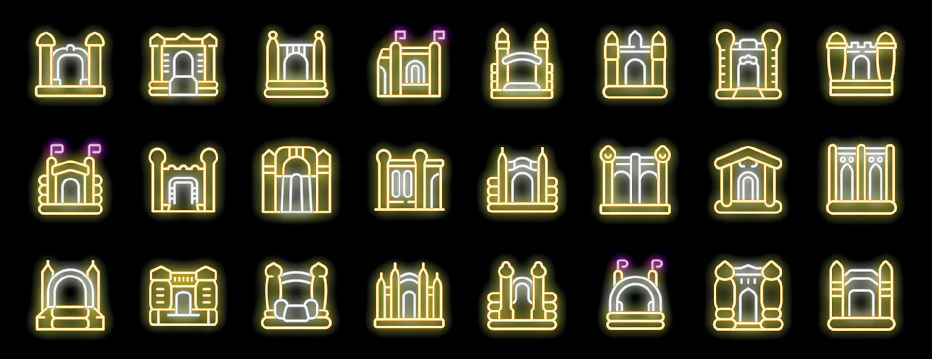Neon bouncy castles icons collection illuminating entertainment and playful joy vector