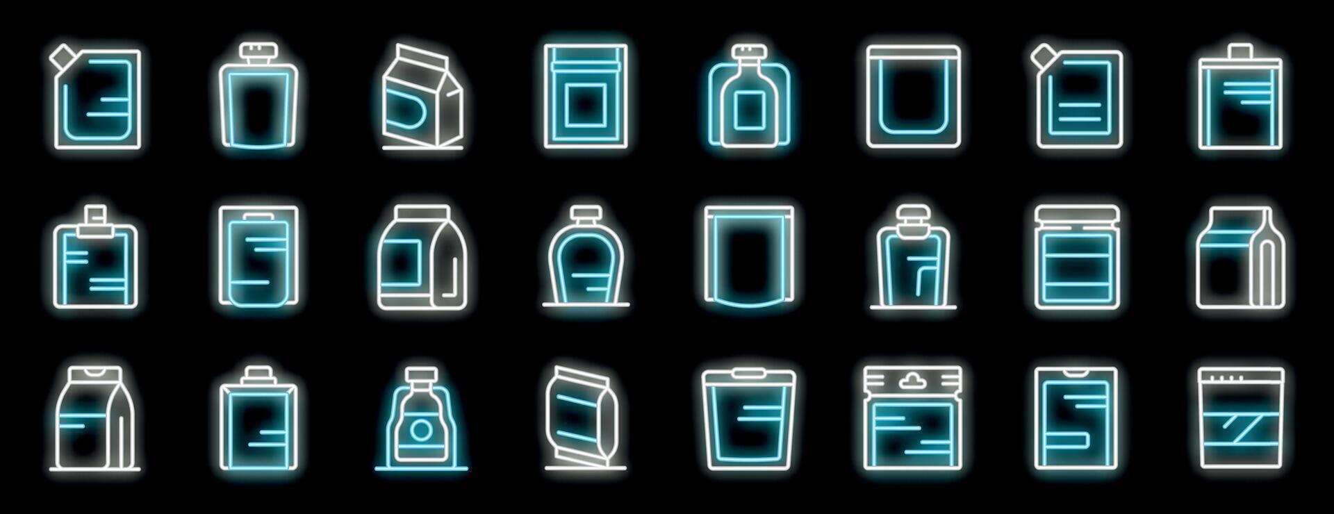 Different neon glowing sachet and doypack icons representing flexible packaging for food and liquids vector