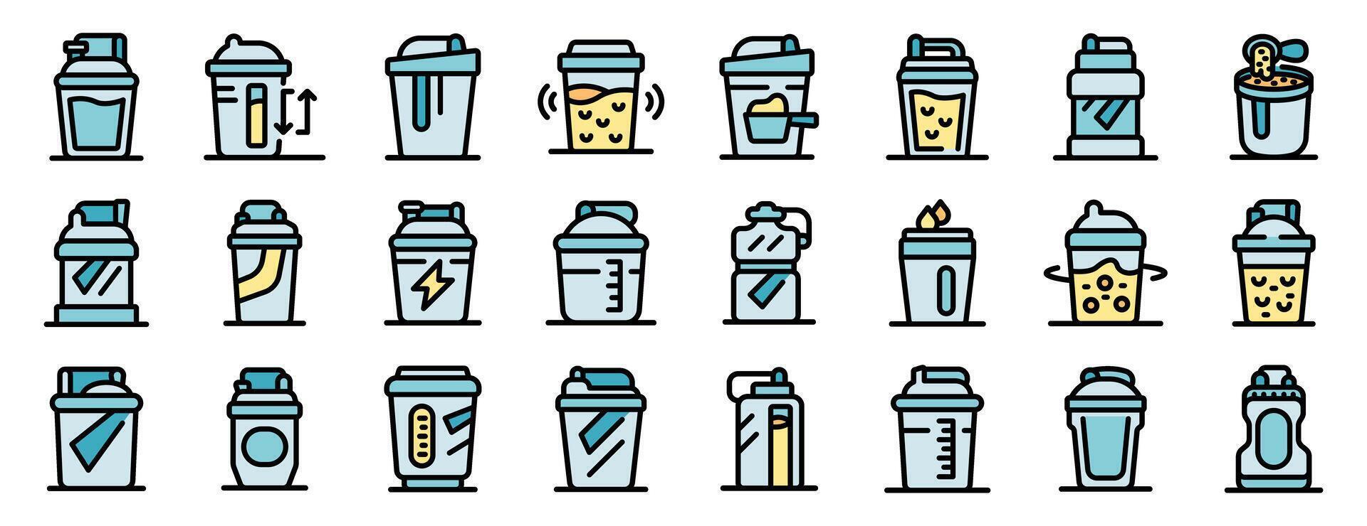 Protein shaker bottles icons set, preparing sports nutrition supplements vector