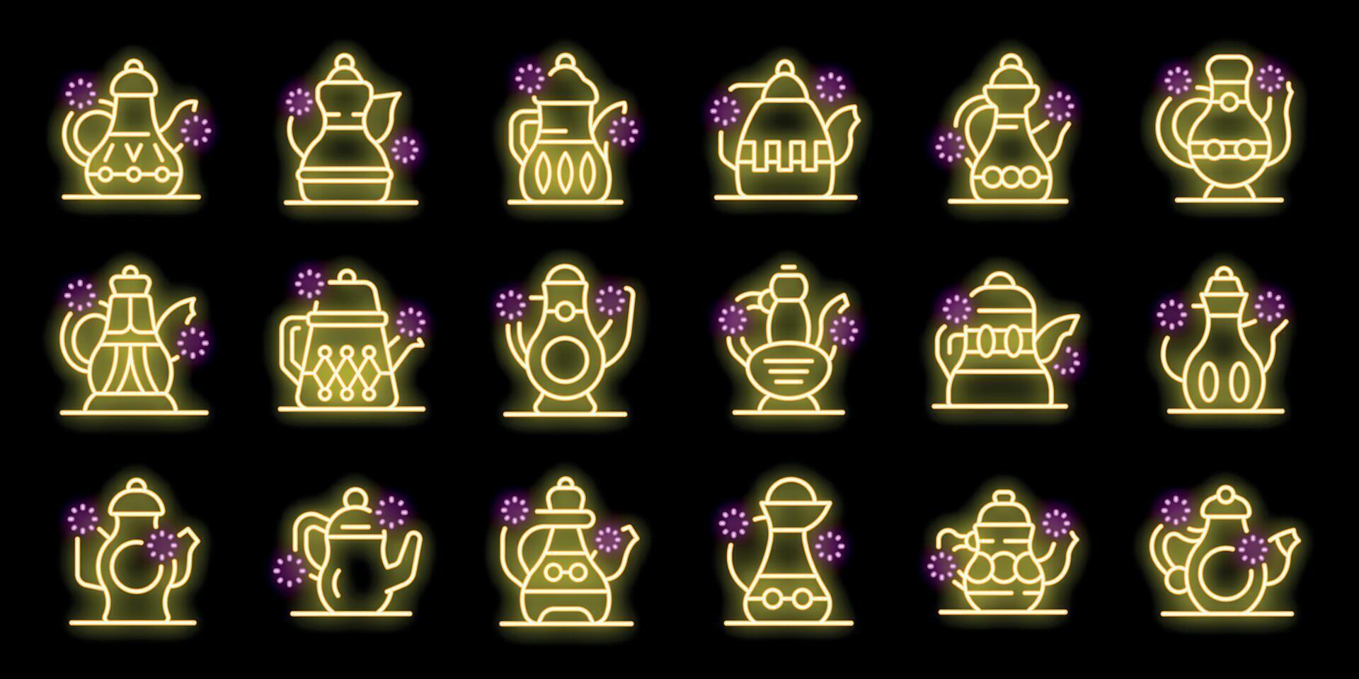Set of neon teapots icons, glowing yellow teapots with purple sparks on black background vector