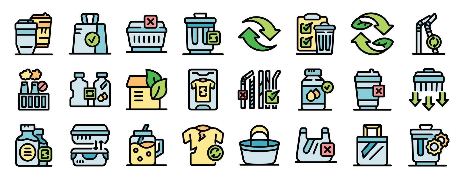 Conscious consumption reducing waste and choosing eco friendly alternatives icon set vector