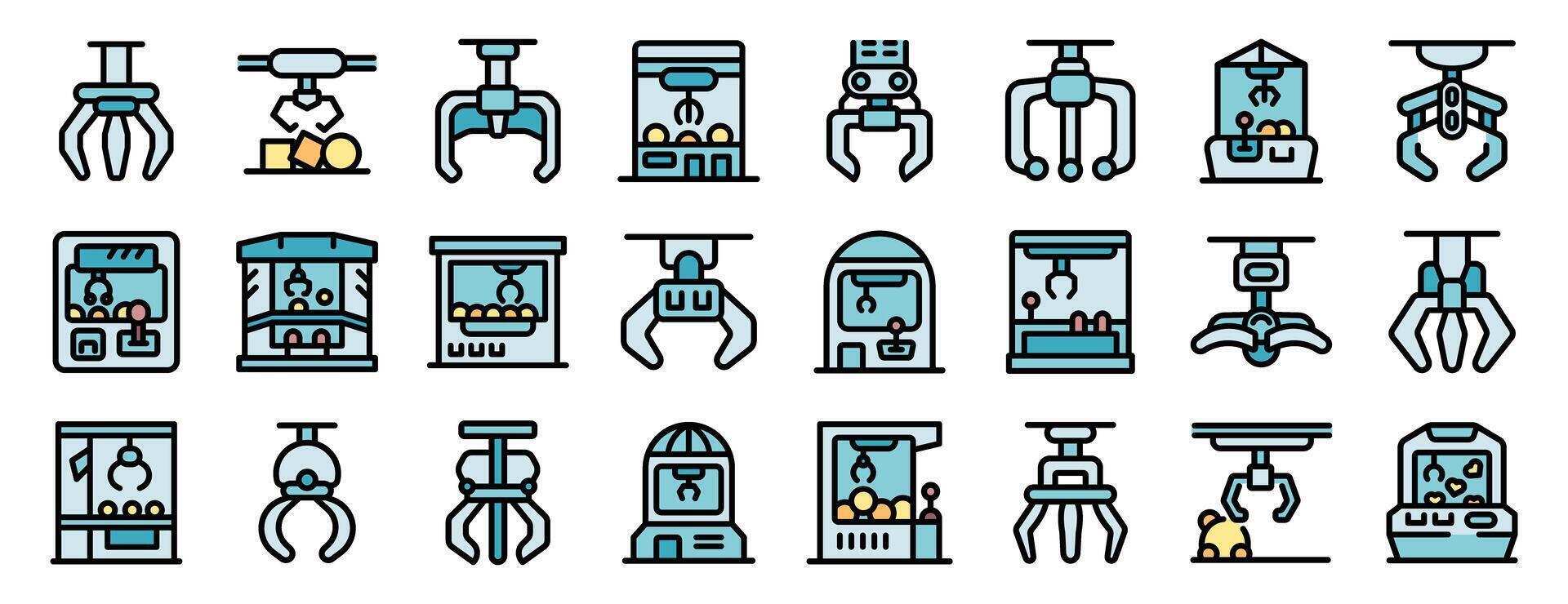 Claw crane machines and robotic arms grabbing toys and objects vector