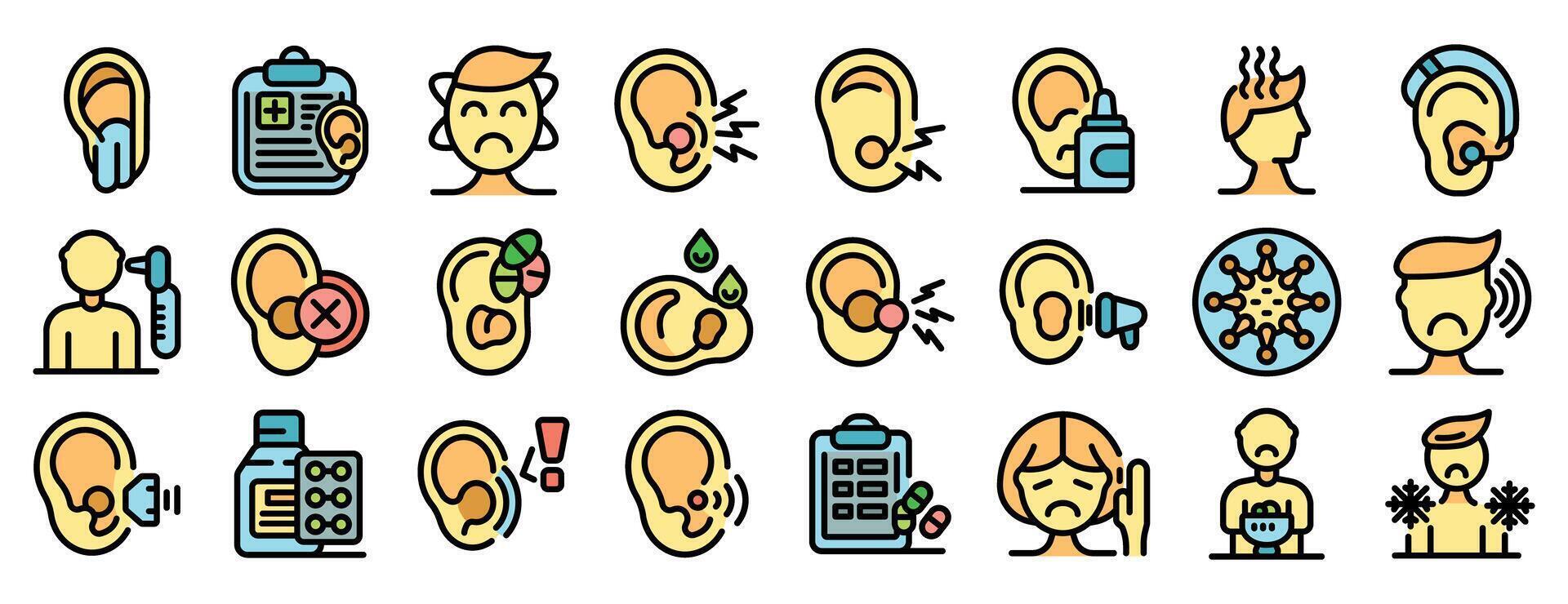 Ear diseases and problems icons showing hearing loss, infection, and treatment vector