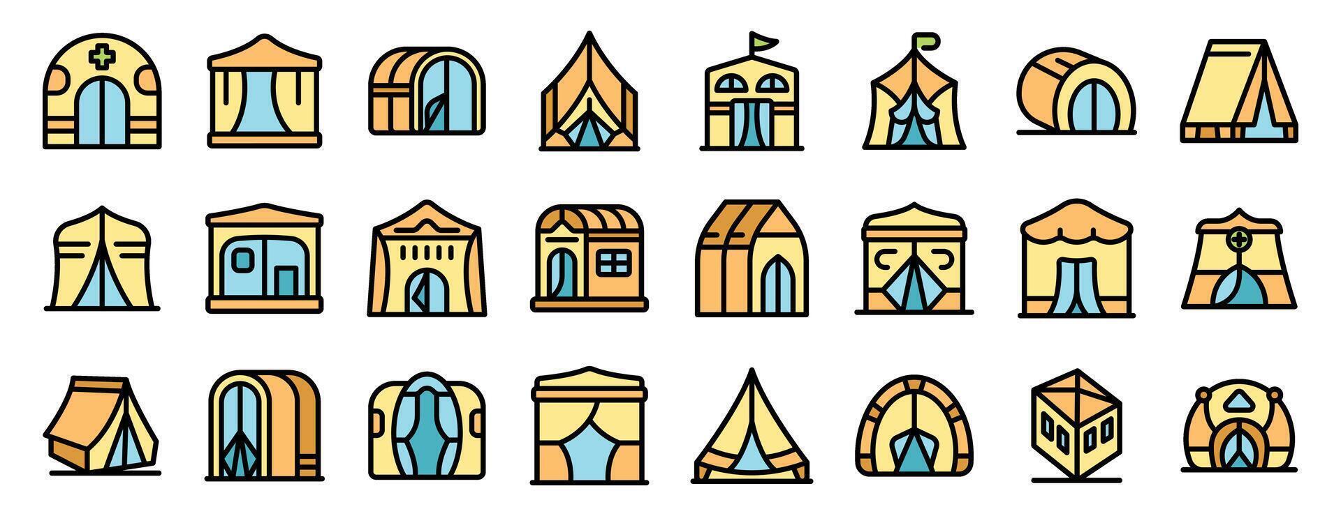 Camping tent icons showing various types of shelters for outdoor adventures, including teepees, yurts, and cabin tents vector