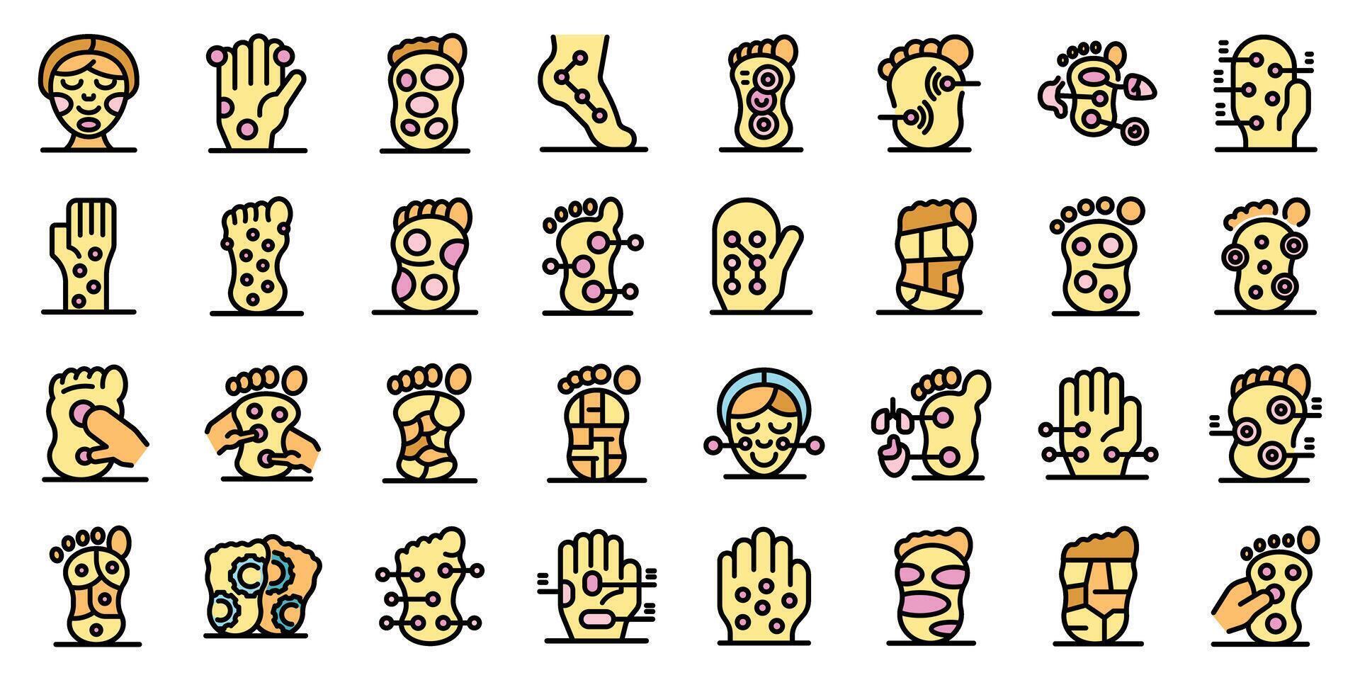 Reflexology icons showing foot massage and acupressure points for healing and relaxation vector