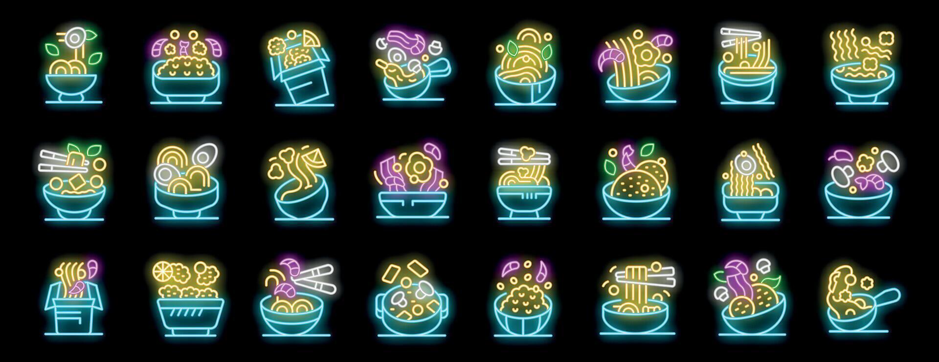 Wok cooking with noodles, shrimps, vegetables and meat in neon style vector