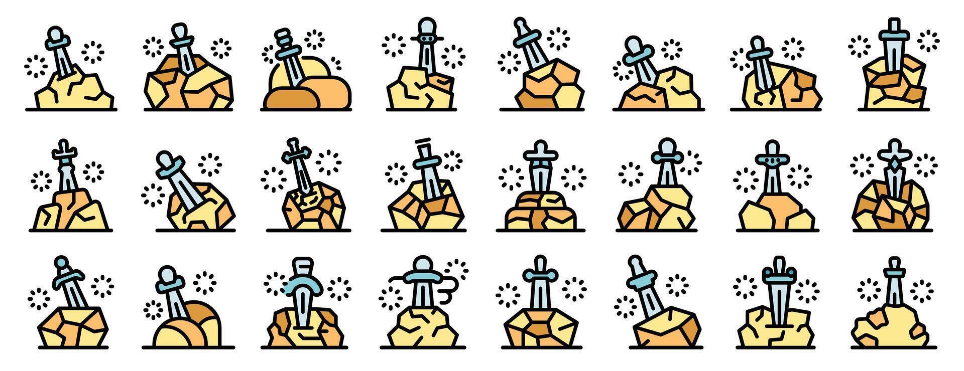 Excalibur swords implanted in stones with magic sparkles icons set vector