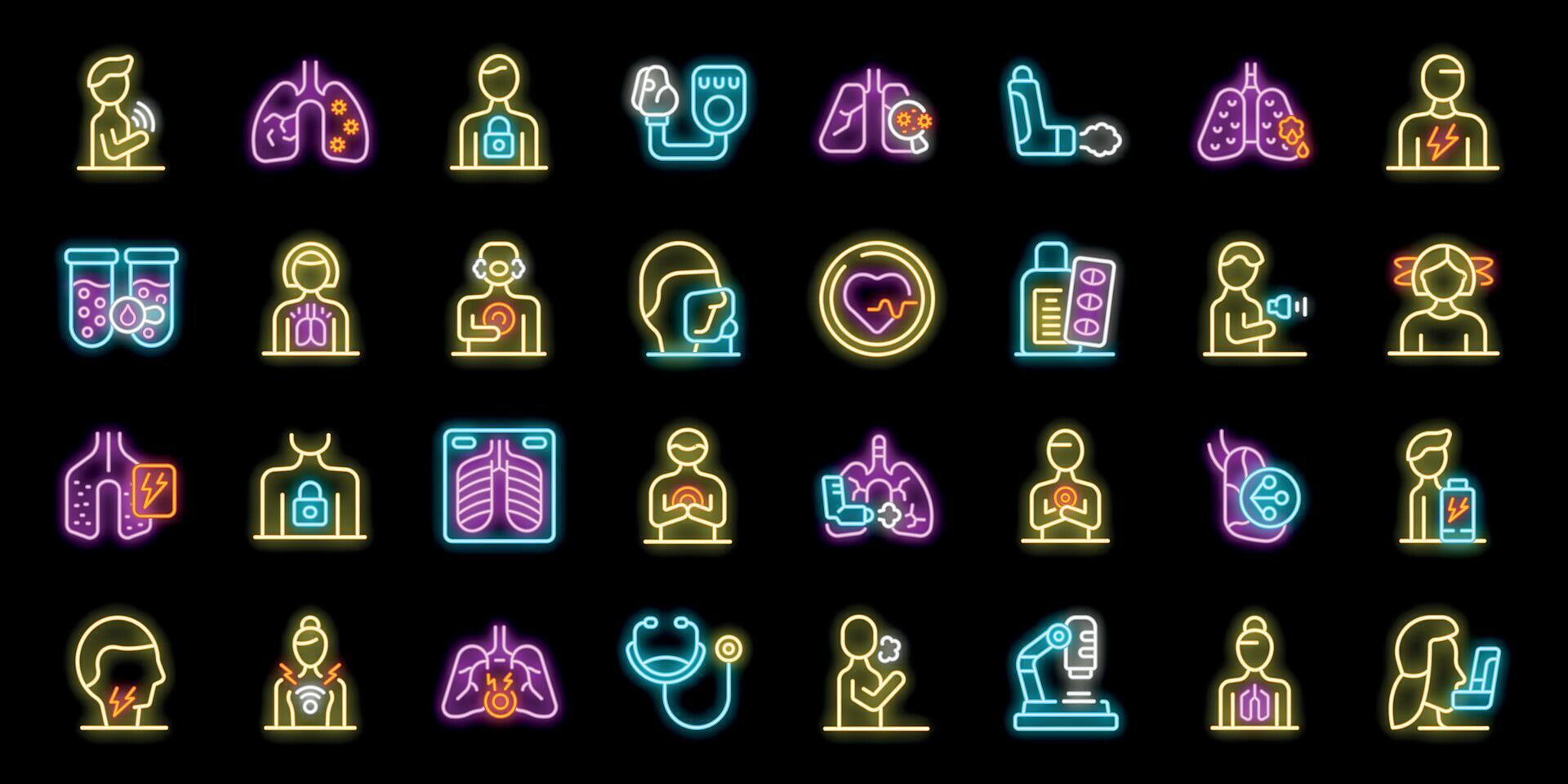 Patients suffering from respiratory diseases, undergoing treatments and medical examinations, neon icon collection vector