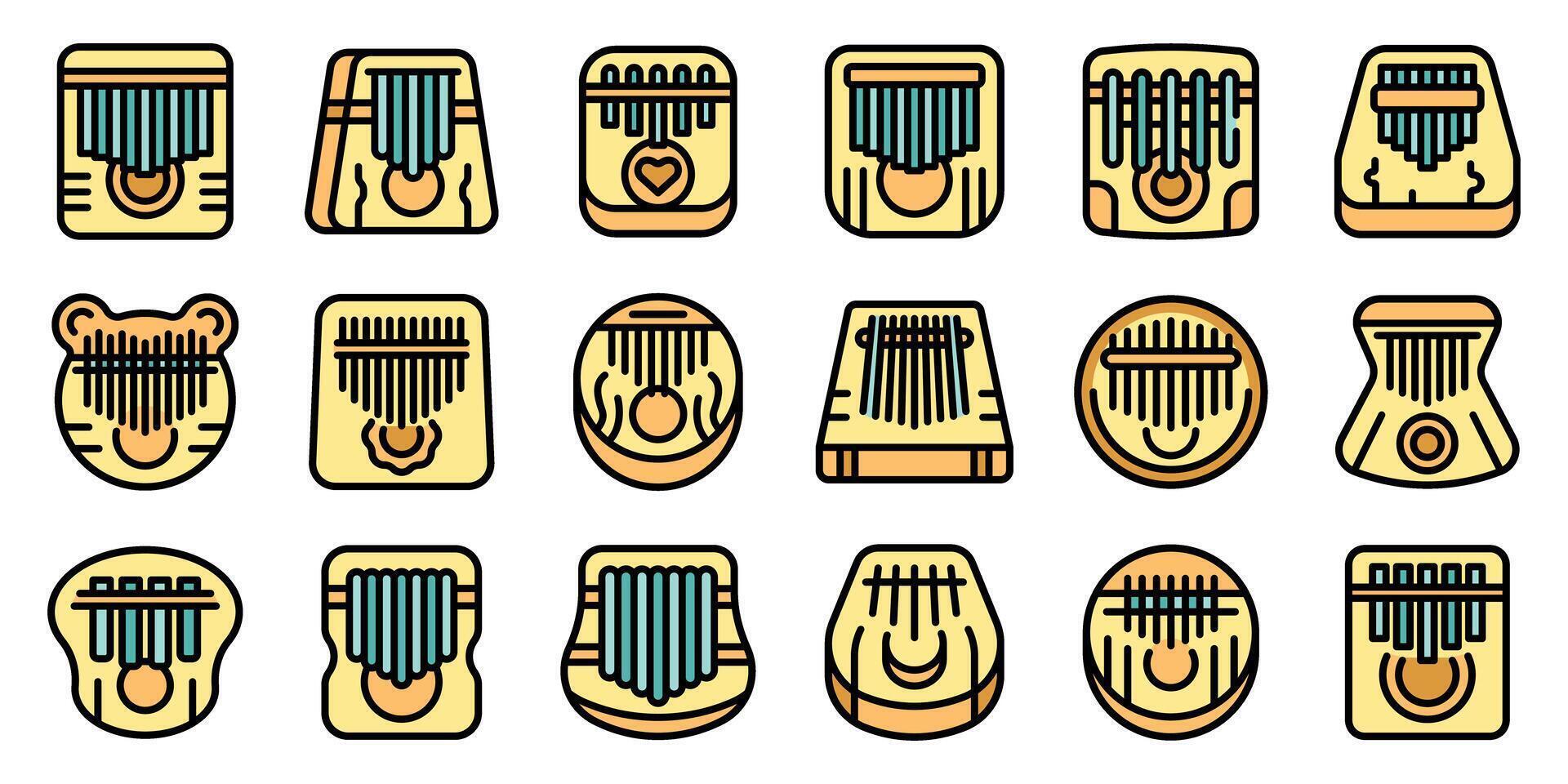Kalimba icons showing variety of styles and designs of thumb pianos for music creation vector