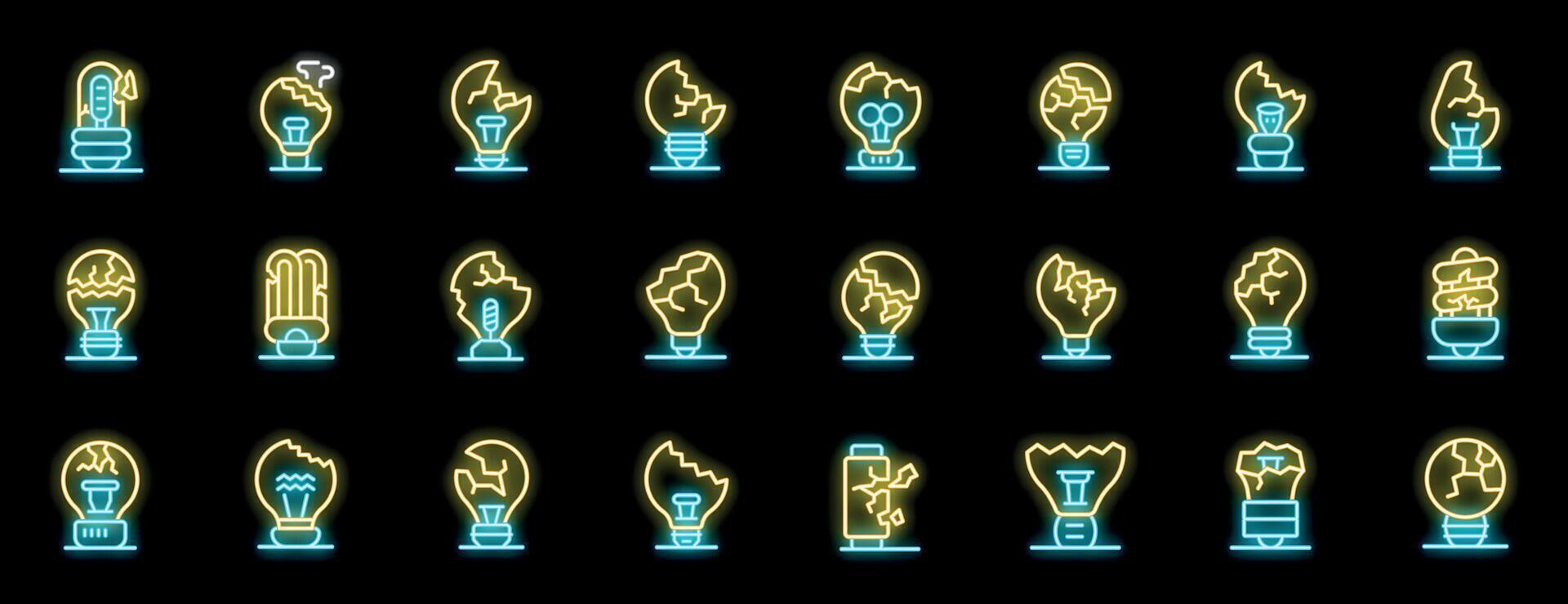 Broken lightbulb icons representing lack of ideas and creative block in neon style vector