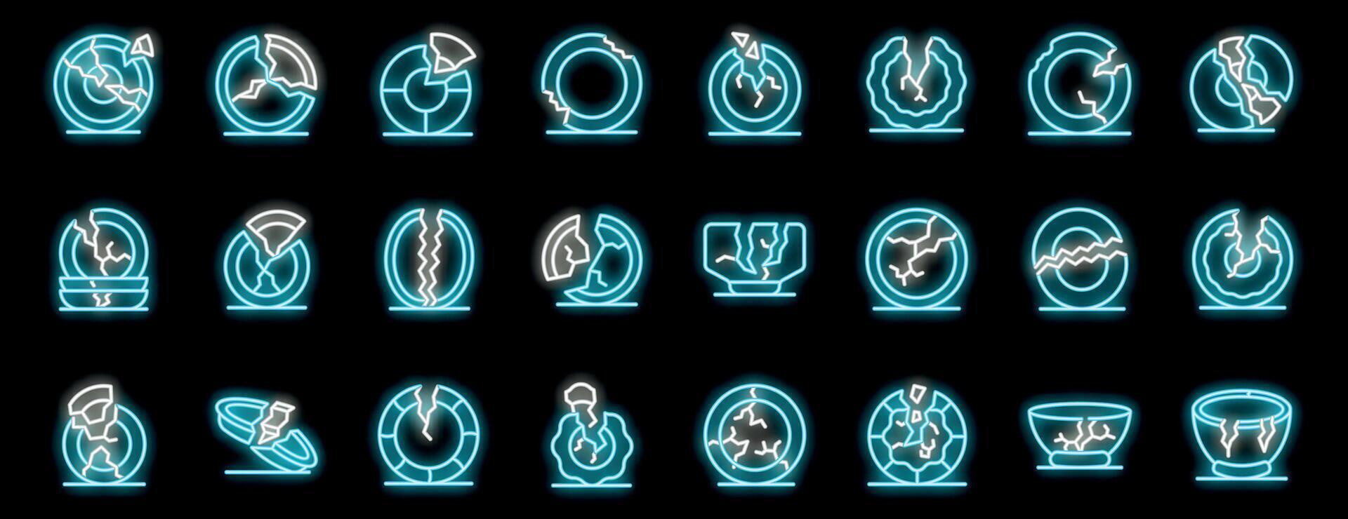 Broken dishes and plates icons set, showing dishes cracking and breaking in neon style vector