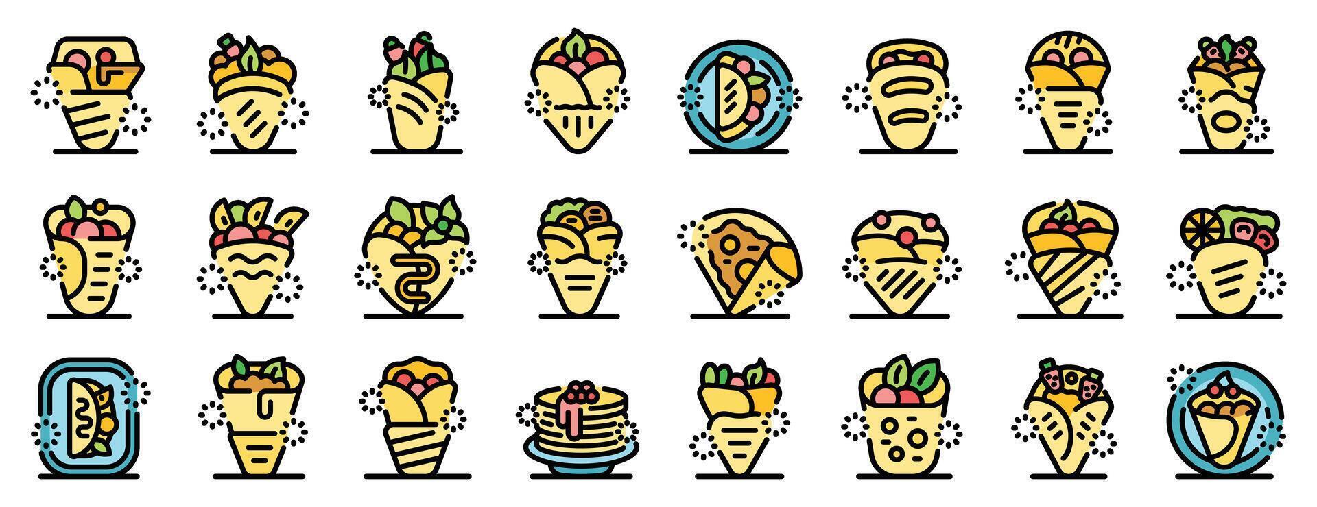 Shawarma and crepe icons showing delicious wraps and pancakes vector