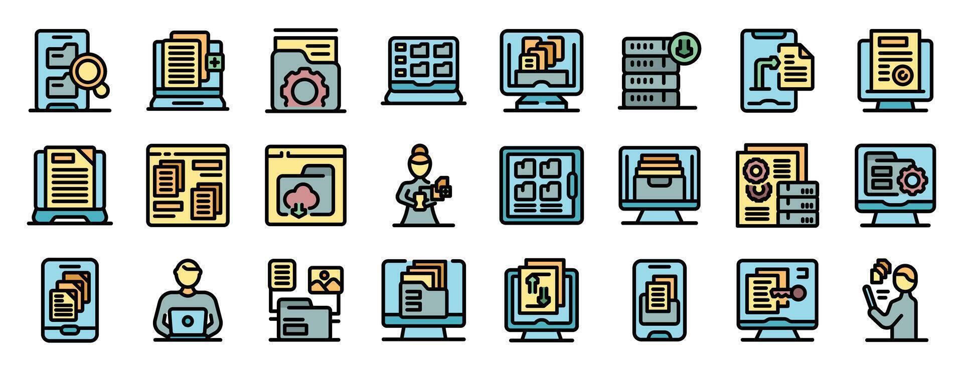 Programmers managing digital files and folders using computers and mobile devices vector