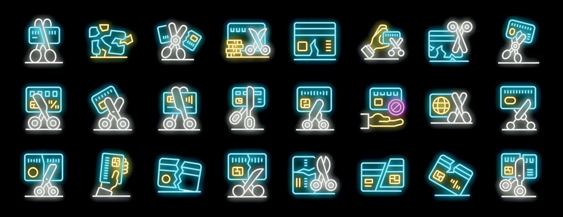 Scissors cutting credit card, neon icons representing closing bank account, debt cancellation, and refusal to pay vector