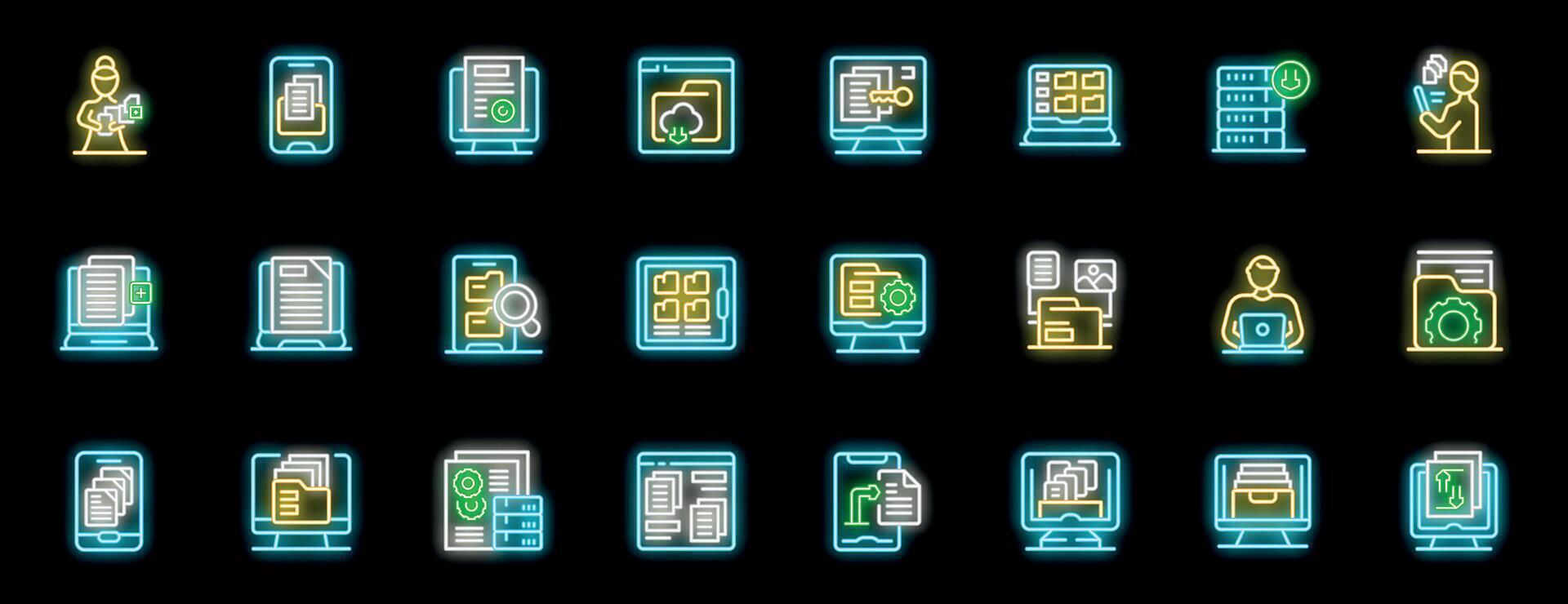 Neon icons representing document management system, cloud storage, and data organization vector
