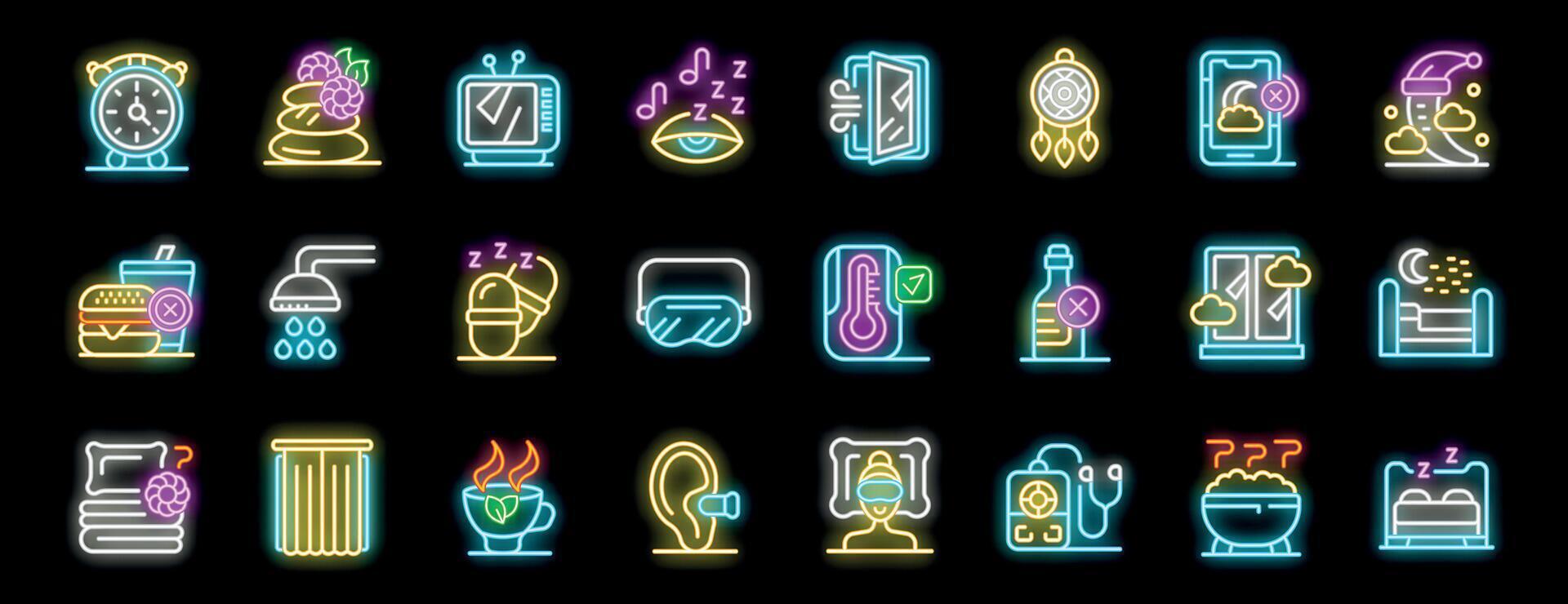 Neon icons representing healthy sleep habits and relaxation techniques for better sleep vector
