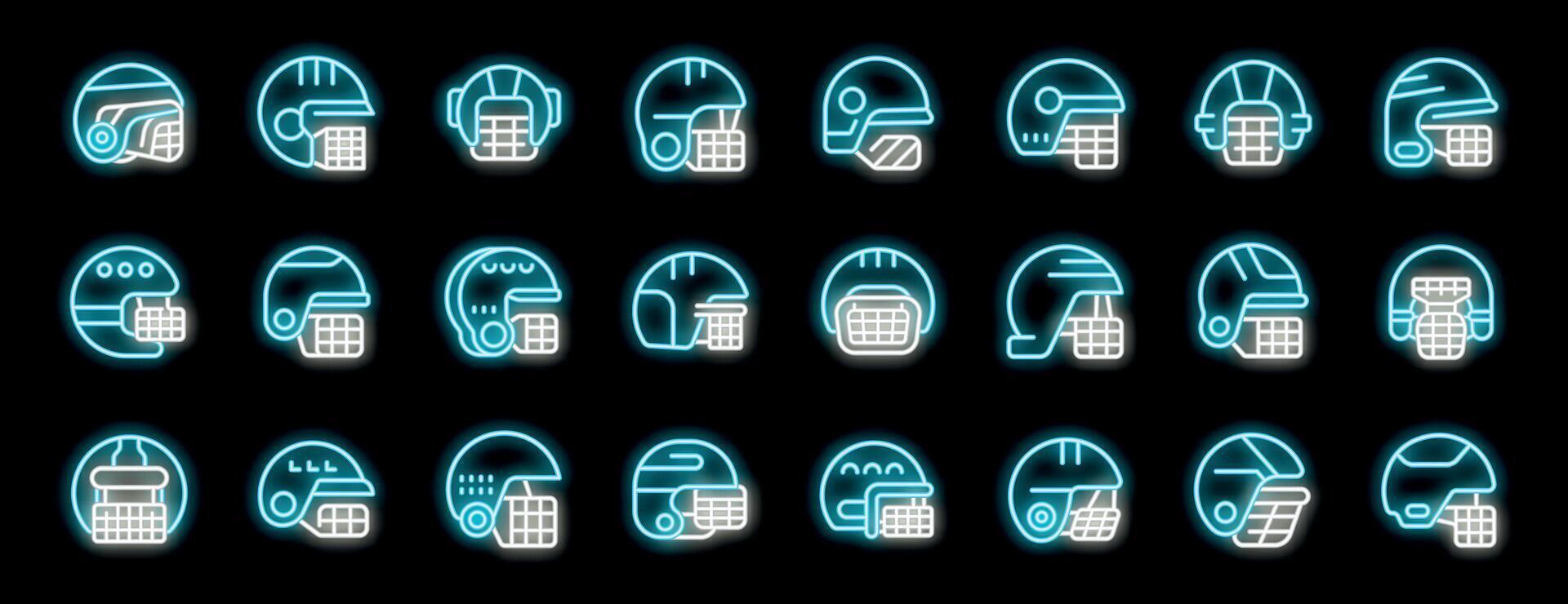 Cricket helmets glowing in neon light, diverse collection of protective gear icons vector