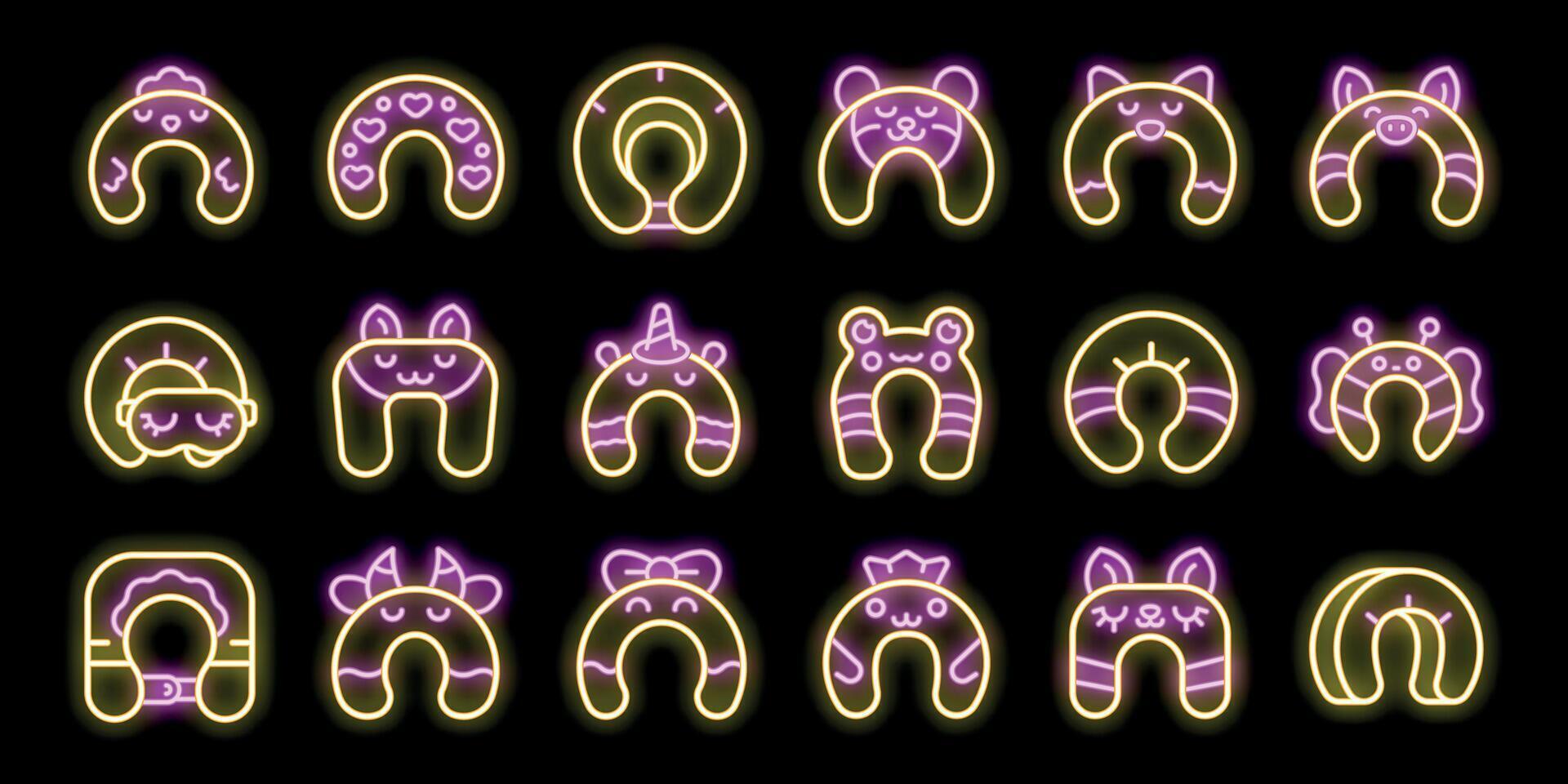 Neon yellow and purple travel pillows with cute animal faces on black background vector