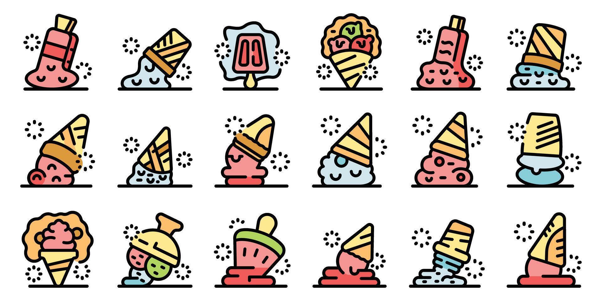 Melting ice cream icons representing summertime treats losing their shape vector