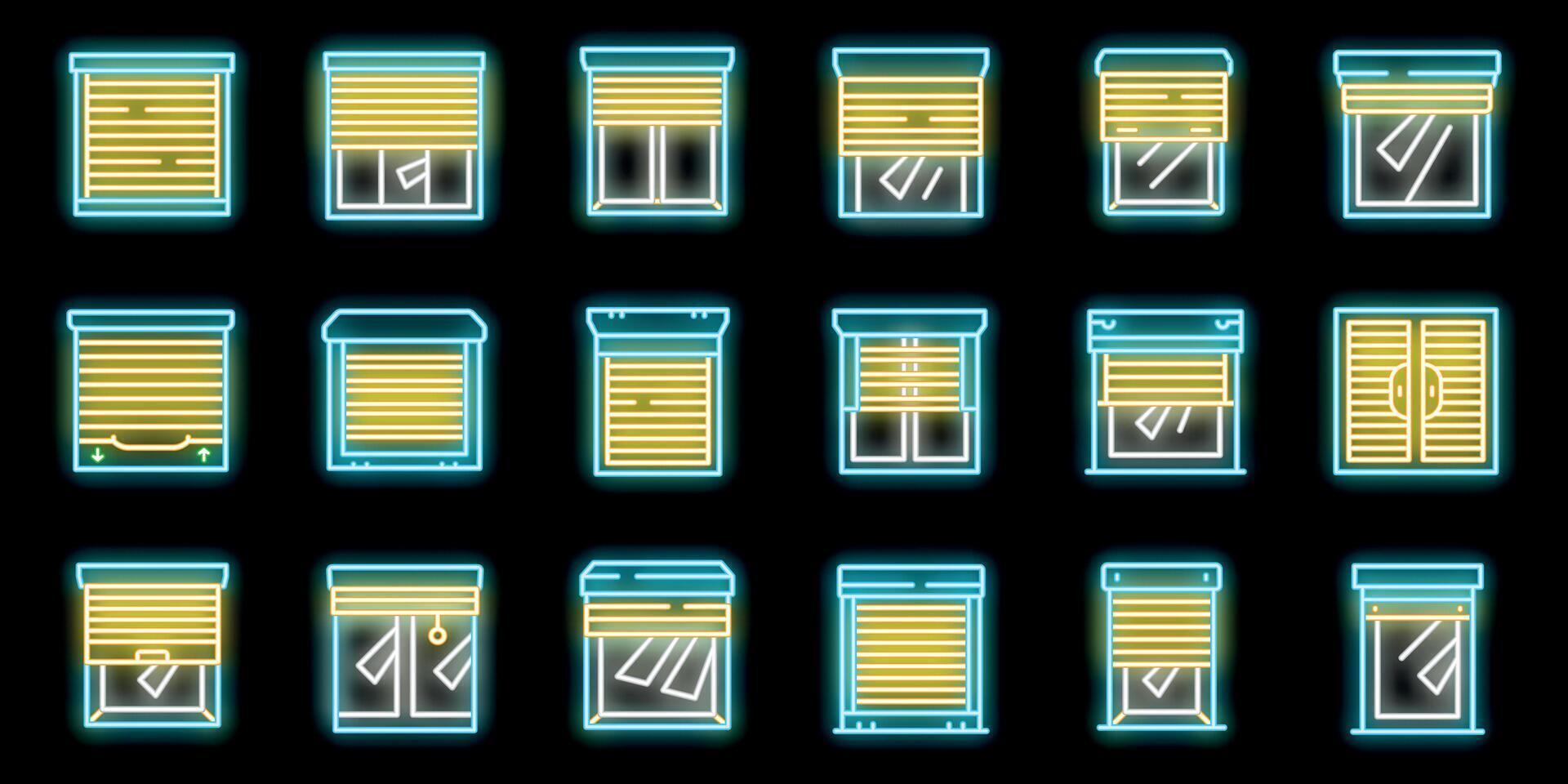 Neon icons of window blinds and shutters glowing on black background vector