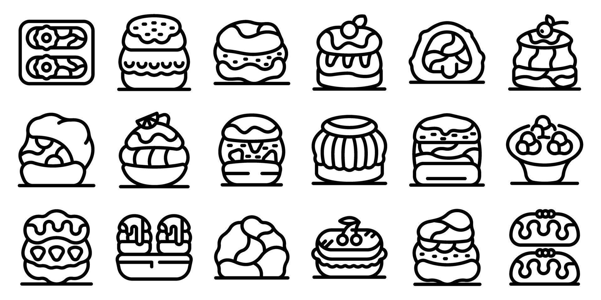 Cream puff icons set. Delicious cream puffs with various toppings and fillings, pastry icons set vector