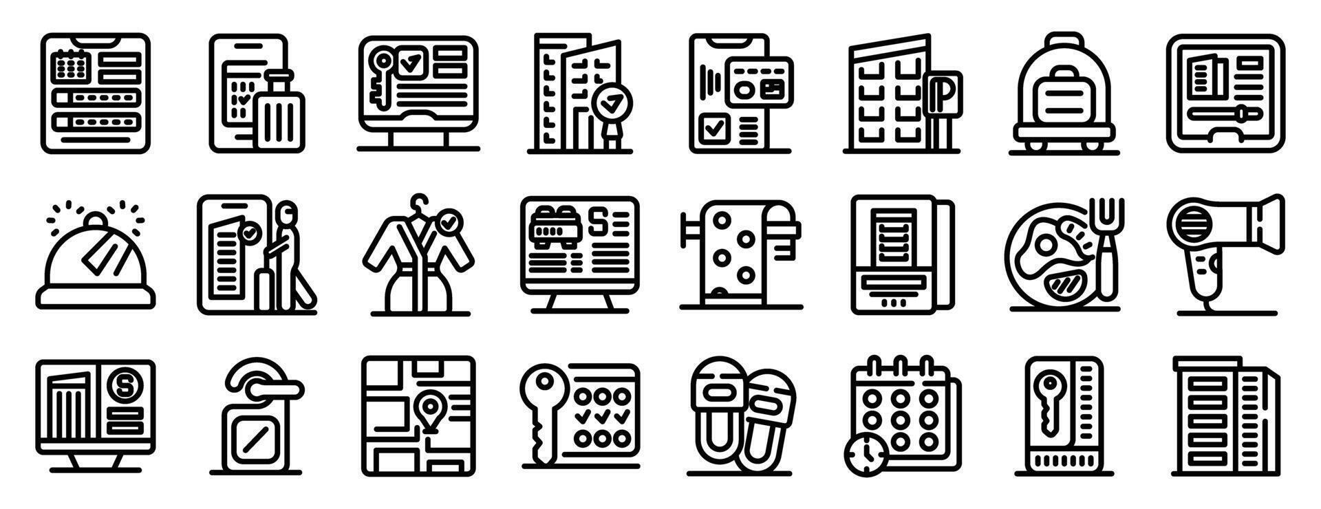 Online hotel booking icons set. Hotel booking and services, exploring accommodation options and amenities for travelers vector