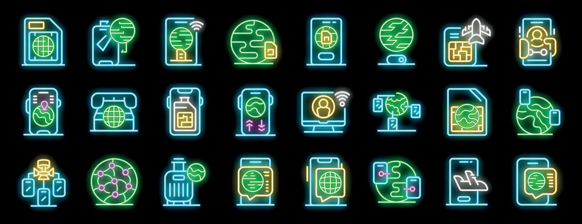 International roaming services and global communication providing seamless connectivity worldwide using neon icons vector