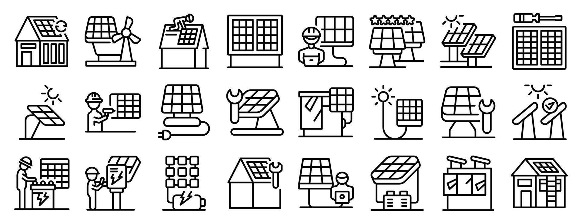 Solar panel service icons set. Engineers installing and maintaining solar panels for green energy systems vector
