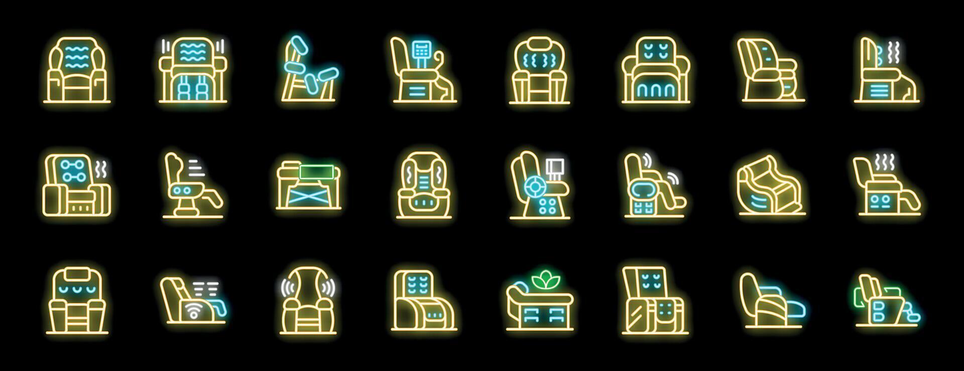 Neon massage chairs icons representing relaxation and comfort vector