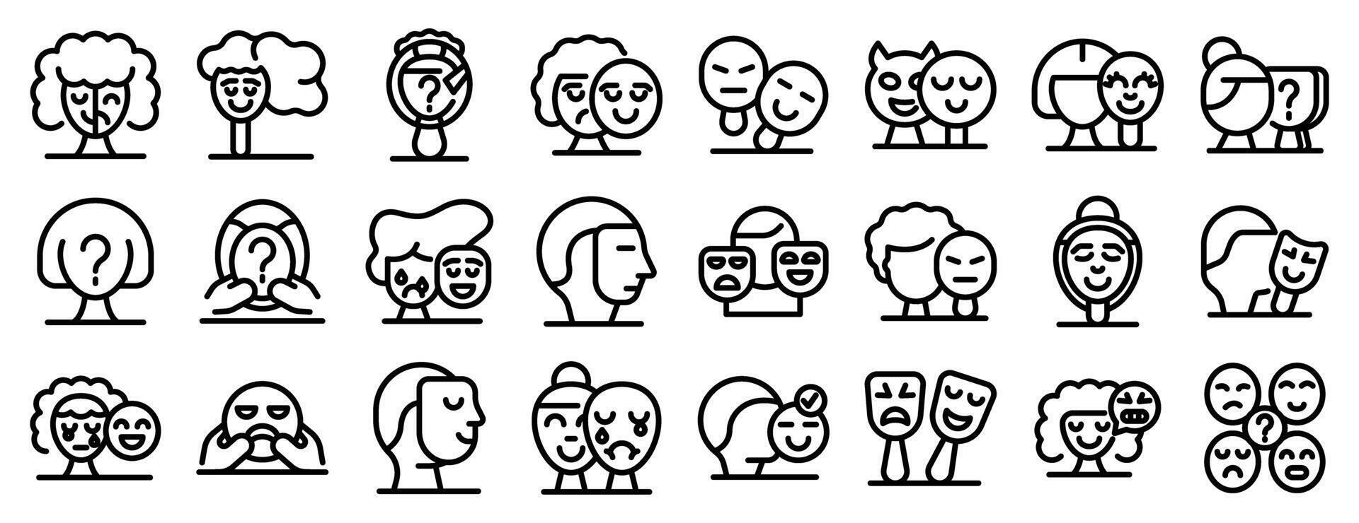 People hiding emotions icons set. People showing different emotions with masks and facial expressions, understanding human feelings vector
