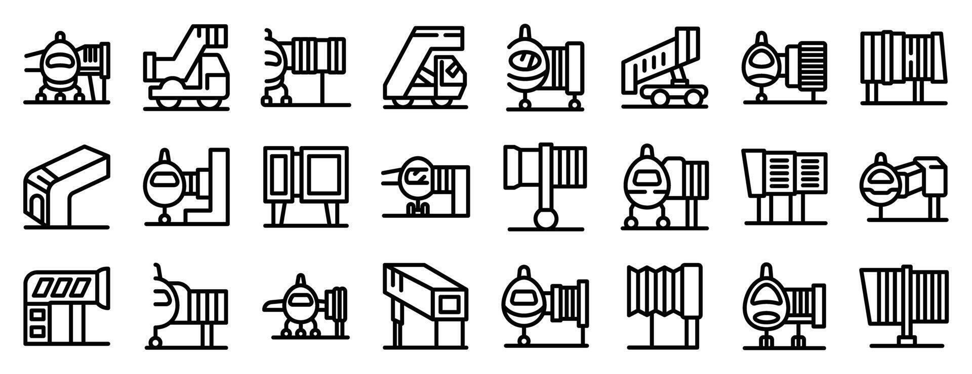 Jet bridge icons set. Airport ground support equipment and infrastructure connecting passengers and aircraft vector
