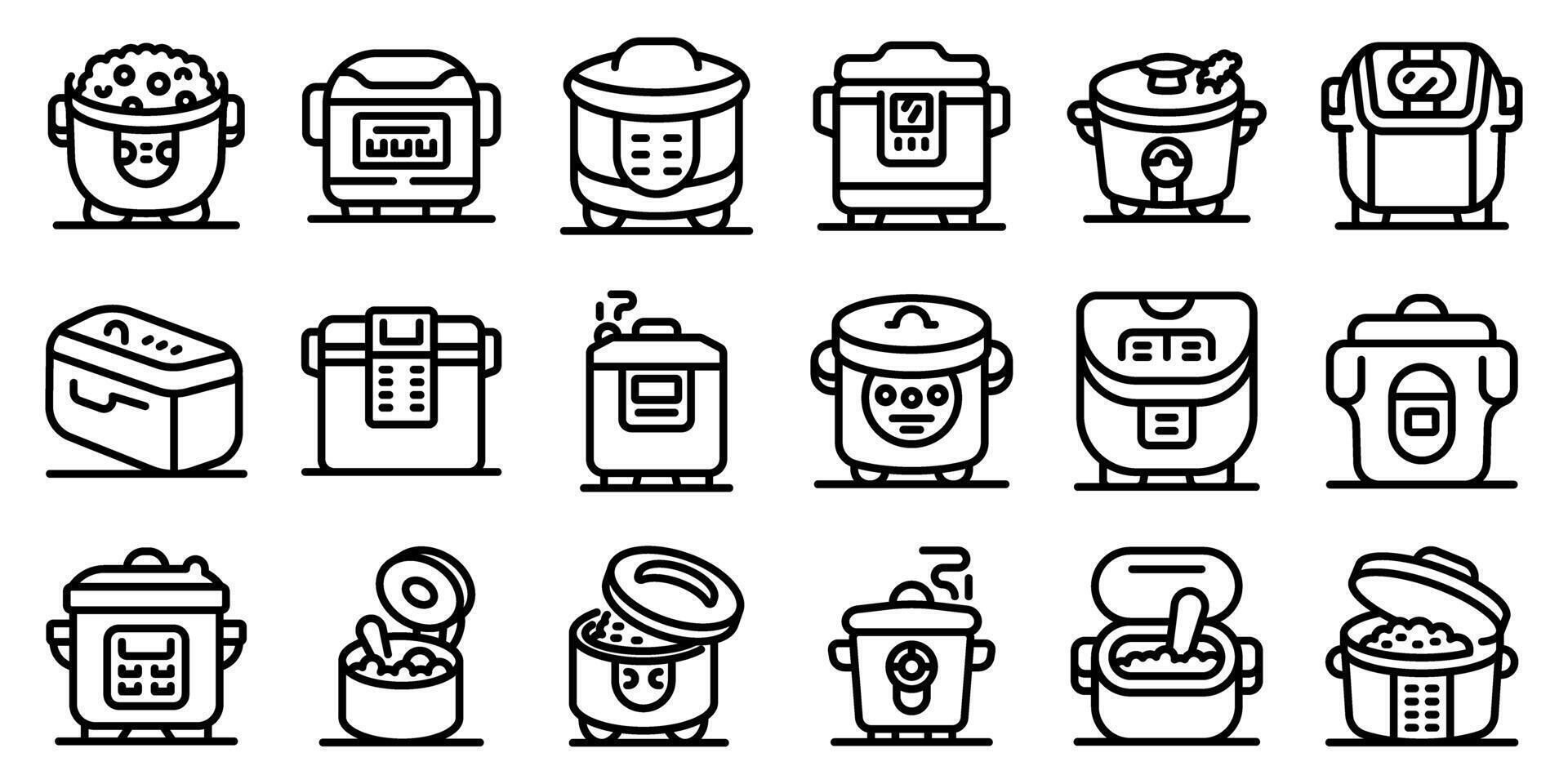Rice cooker icons set. Rice cooker appliances preparing steaming hot cuisine icons set vector
