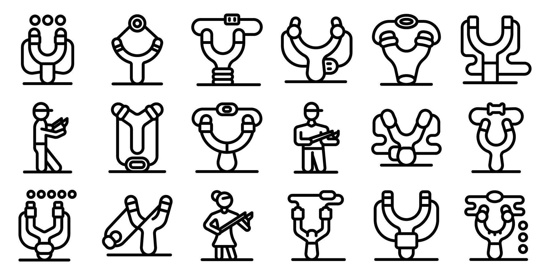 Slingshot icons set. People using slingshots for hunting and recreation, showing different types and styles of slingshots vector