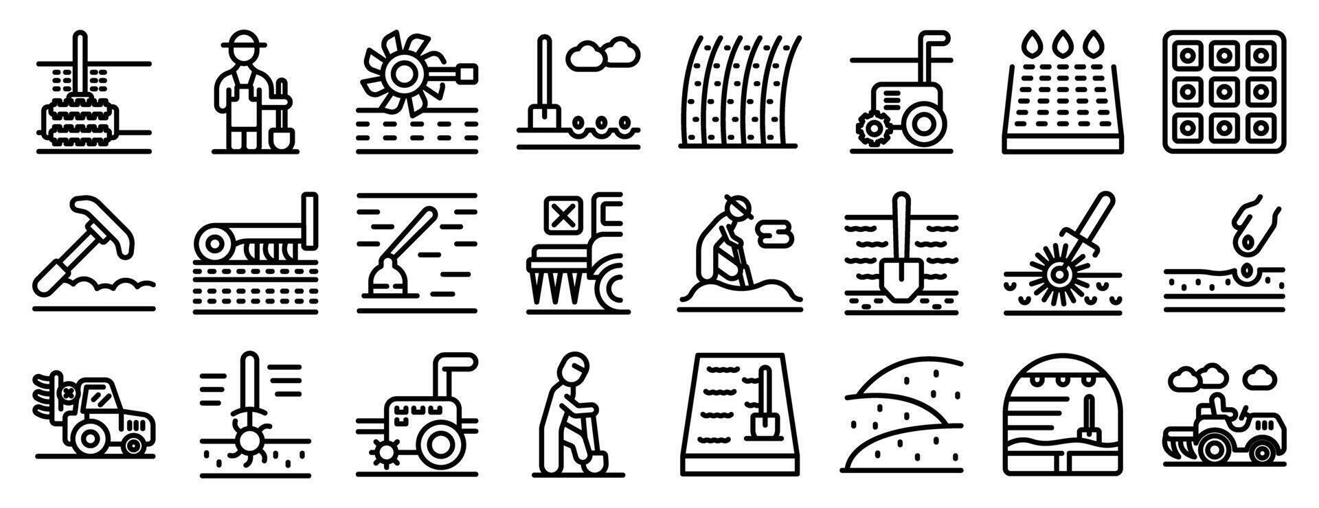 Tilling soil icons set. Farmers cultivating and planting crops using modern and traditional tools vector